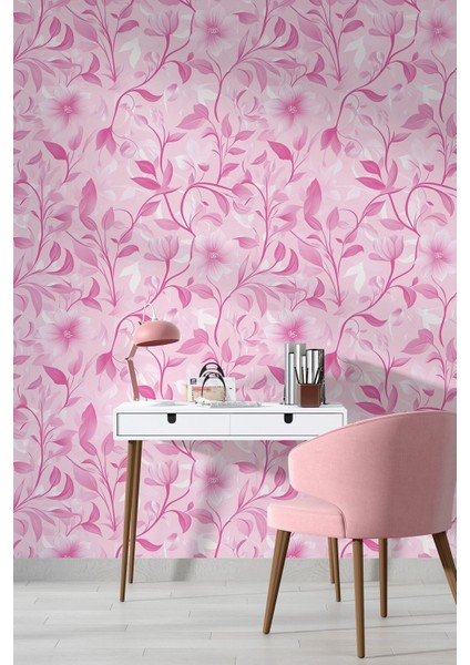 Pembe Romantik Çiçekli Duvar Kağıdı, Yatak Odası Duvar Kağıdı, Salon Duvar Kağıdı, Cafe Duvar Kağıdı