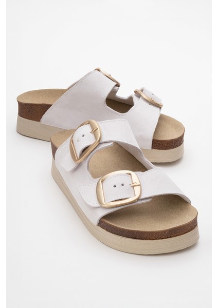 Harbor Beyaz Süet Çift Bantlı Deri Kadın Kalın Tabanlı Terlik