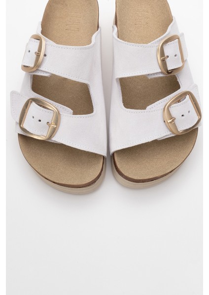 Harbor Beyaz Süet Çift Bantlı Deri Kadın Kalın Tabanlı Terlik fiyatları