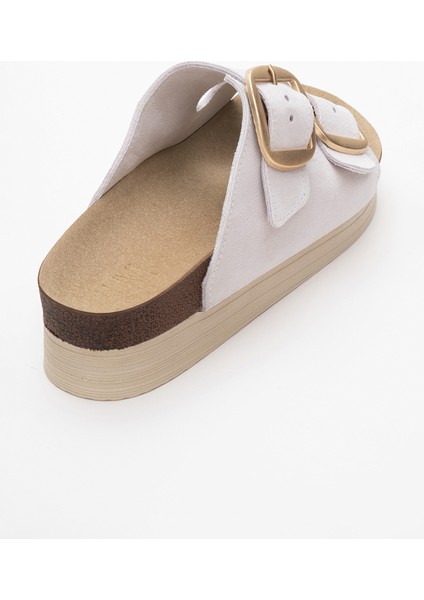 Harbor Beyaz Süet Çift Bantlı Deri Kadın Kalın Tabanlı Terlik indirimleri