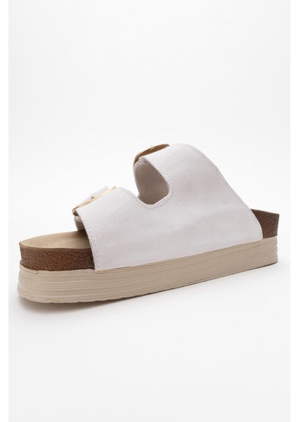 Harbor Beyaz Süet Çift Bantlı Deri Kadın Kalın Tabanlı Terlik