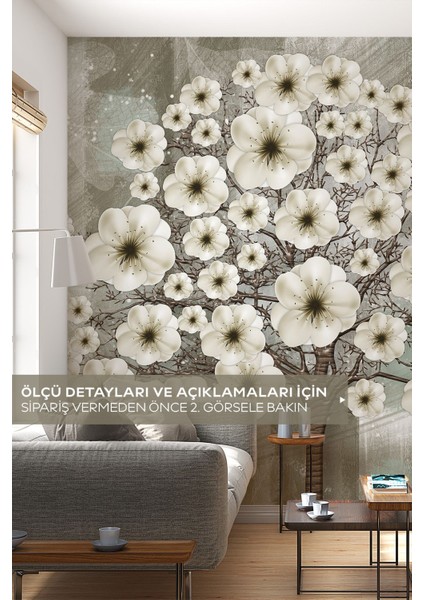 Modern 3D Beyaz Çiçekli Ağaç Yatak Odası Poster Duvar Kağıdı, Trend Salon Duvar Kağıdı