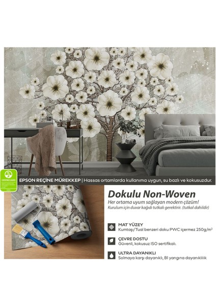 Modern 3D Beyaz Çiçekli Ağaç Yatak Odası Poster Duvar Kağıdı, Trend Salon Duvar Kağıdı