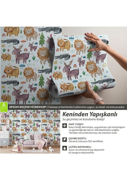 Kendinden Yapışkanlı Safari Orman Hayvanları Desenli Bebek Çocuk Odası Duvar Kağıdı