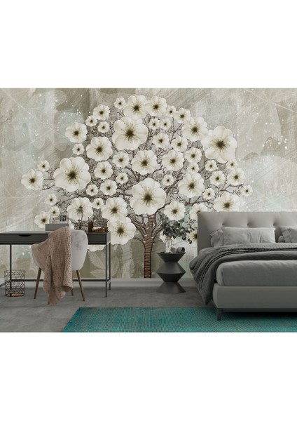 Modern 3D Beyaz Çiçekli Ağaç Yatak Odası Poster Duvar Kağıdı, Trend Salon Duvar Kağıdı