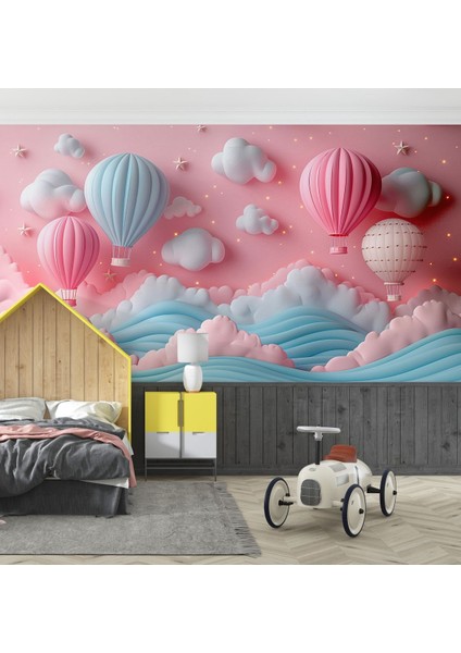 3 Boyutlu Pembe Tonlarda Balonlu Gökyüzü Bebek Odası Duvar Kağıdı, 3D Çocuk Odası Duvar Kağıdı fırsatları