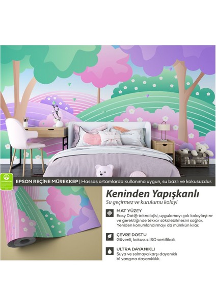 Pastel Tonlarda Orman Manzaralı Kendinden Yapışkanlı Bebek Çocuk Odası Duvar Kağıdı modelleri