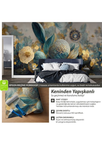 Kendinden Yapışkanlı Lüks 3D Görünümlü Mavi Çiçekler Duvar Kağıdı, Salon Için Duvar Kağıdı