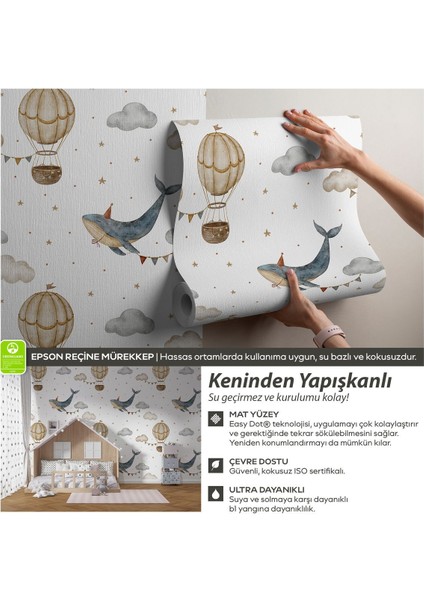 Mavi Balina ve Sıcak Hava Balonları Kendinden Yapışkanlı Bebek Çocuk Odası Duvar Kağıdı fiyatları