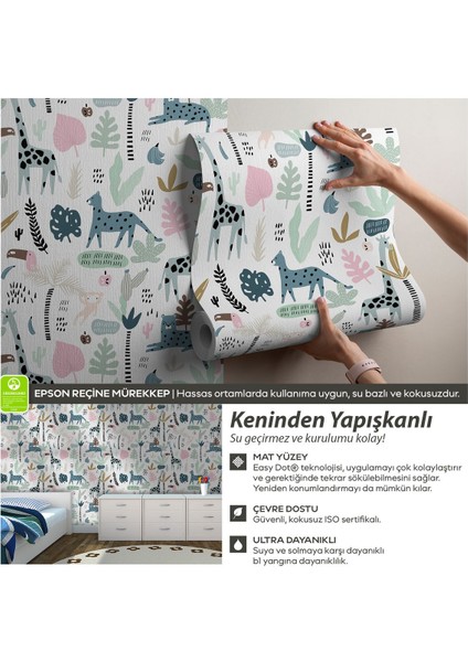Kendinden Yapışkanlı Minimalist Safari Hayvanları Bebek Çocuk Odası Kolay Uygulanan Duvar Kağıdı
