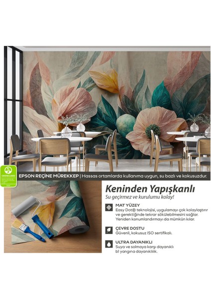 Soyut Pastel Tonlarda Büyük Çiçekler Kendinden Yapışkanlı Duvar Kağıdı, Sanatsal Duvar Kağıdı