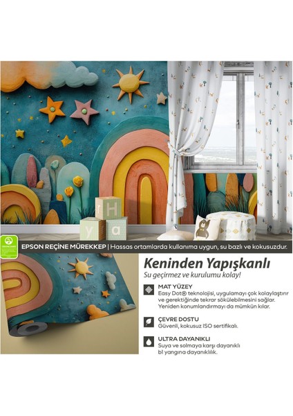 Kendinden Yapışkanlı 3 Boyutlu Gökkuşağı Çocuk Odası Duvar Kağıdı, 3D Bebek Odası Duvar Kağıdı