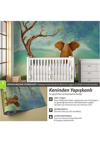 Kendinden Yapışkanlı Sevimli Fil ve Ağaç Bebek Çocuk Odası Duvar Kağıdı, Su Geçirmez