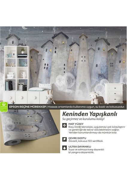 Soyut Binalar Ay ve Yıldızlar Bebek Çocuk Odası Kendinden Yapışkanlı Duvar Kağıdı, Kreş Duvar Kağıdı
