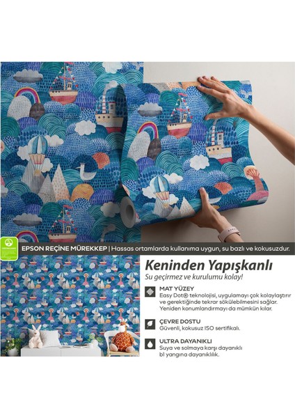 Kendinden Yapışkanlı Sulu Boya Efektli Gemiler ve Martılar Bebek Çocuk Odası Duvar Kağıdı fiyatları