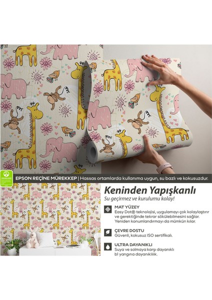 Kendinden Yapışkanlı Sevimli Zürafalar, Filler, Maymunlar Bebek Çocuk Odası Duvar Kağıdı