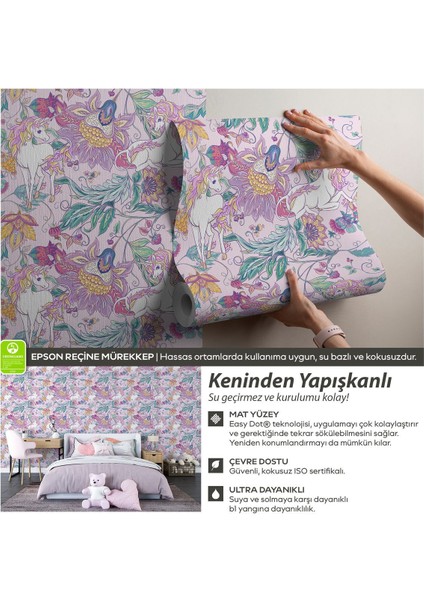 Kendinden Yapışkanlı Sevimli Unicornlar Bebek Çocuk Odası Duvar Kağıdı, Kolay Uygulama
