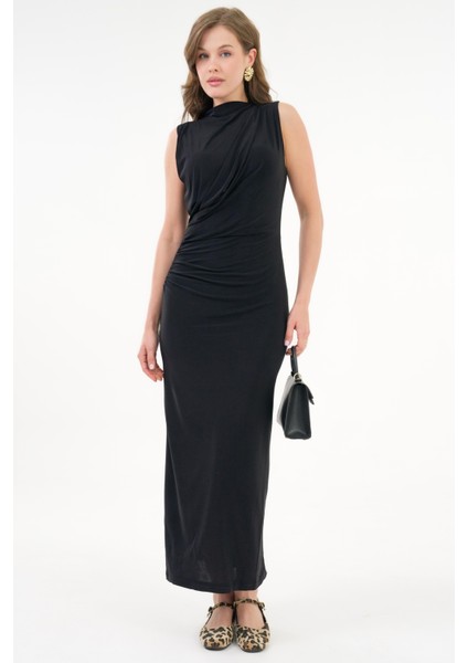 Siyah Bodycon Yarım Balıkçı Yaka Büzgülü Yırtmaçlı Sandy Elbise fiyatları