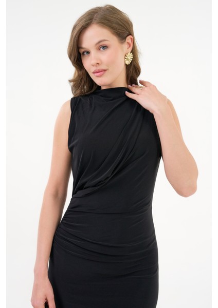 Siyah Bodycon Yarım Balıkçı Yaka Büzgülü Yırtmaçlı Sandy Elbise modelleri