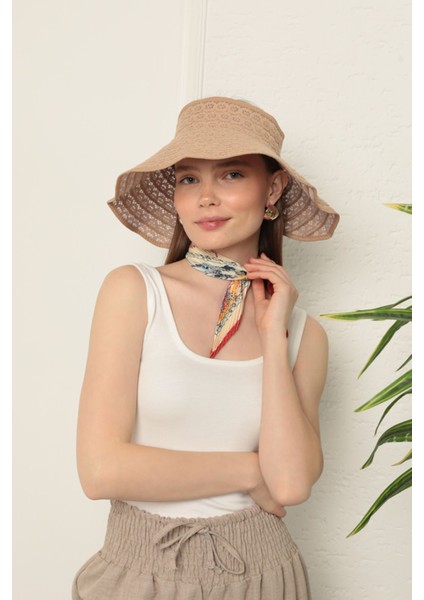 Hasır Dantel Detaylı Vizör Şapka-Camel