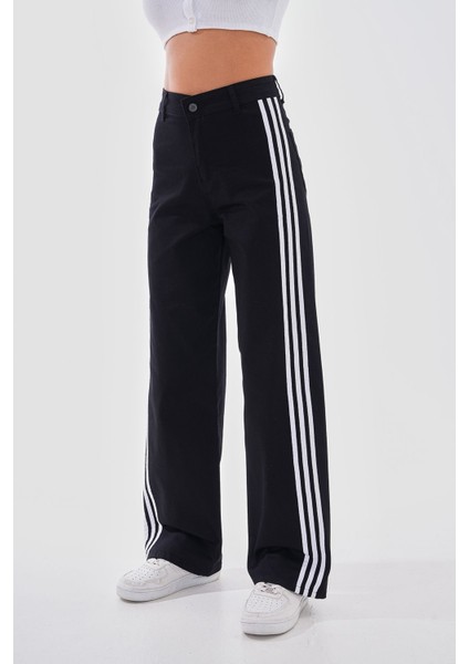 Kadın Yüksek Bel Likralı Yanı Şeritli Wide Leg Pantolon