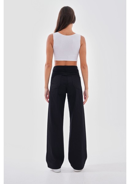 Kadın Yüksek Bel Likralı Yanı Şeritli Wide Leg Pantolon modelleri