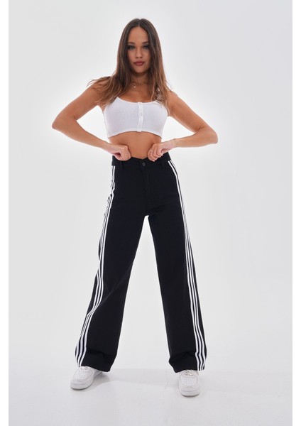 Kadın Yüksek Bel Likralı Yanı Şeritli Wide Leg Pantolon indirimleri