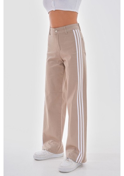 Kadın Yüksek Bel Likralı Yanı Şeritli Wide Leg Pantolon