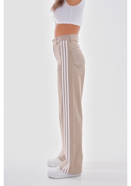Kadın Yüksek Bel Likralı Yanı Şeritli Wide Leg Pantolon fırsatları