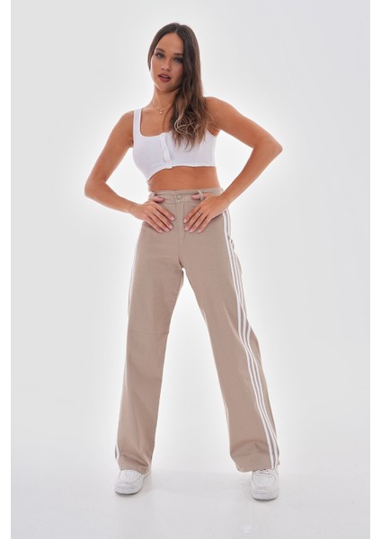 Kadın Yüksek Bel Likralı Yanı Şeritli Wide Leg Pantolon indirimleri