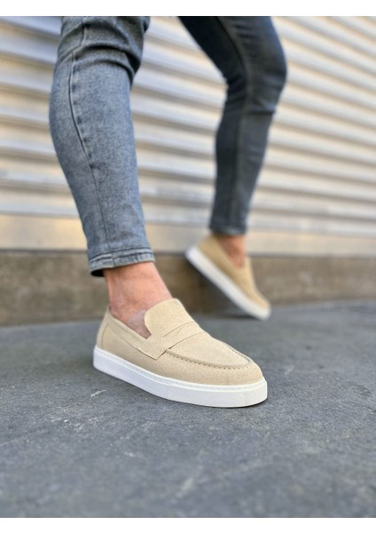 JY180 Estilo x Bağcıksız Süet Erkek Günlük Spor Klasik Ayakkabı - Krem