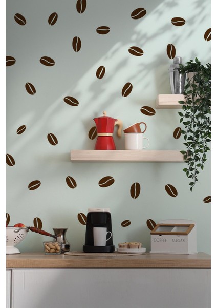 Kahve Çekirdekleri, Dekoratif Kahve Dükkanı Kahve Köşesi Süsleme Stickerları Kendinden Renkli 84 Ad.