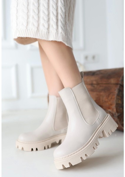 Ninle Bej Cilt Topuklu Bot