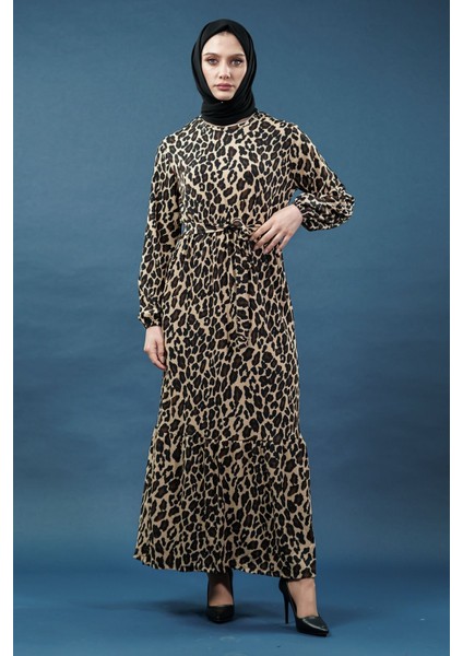 Yeni Sezon Kuşaklı Leopar Desenli Elbise