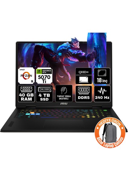 Msı Vector A18 Hx Amd Ryzen 9 9955HX 40GB 4tb SSD RTXRTX5070TI 12GB Windows 11 Home 18" Qhd+ 240Hz Taşınabilir Bilgisayar A9WHG-A8