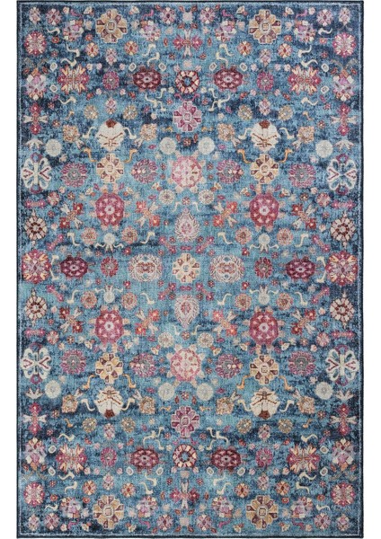 Private Mavi Eskitme Vintage Halı Çiçek Otantik Dokuma Şönil Halı Yıkanabilir Salon Halısı