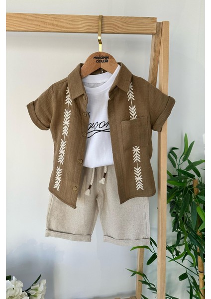 Nakış Detaylı Erkek Çocuk 3 Lü Keten şortlu takım - Kahve fiyatları