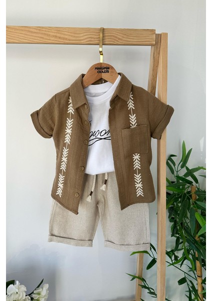 Nakış Detaylı Erkek Çocuk 3 Lü Keten şortlu takım - Kahve modelleri