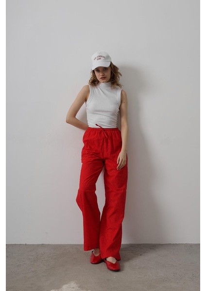 Beli Bağlamalı Brode Pantolon - Kırmızı