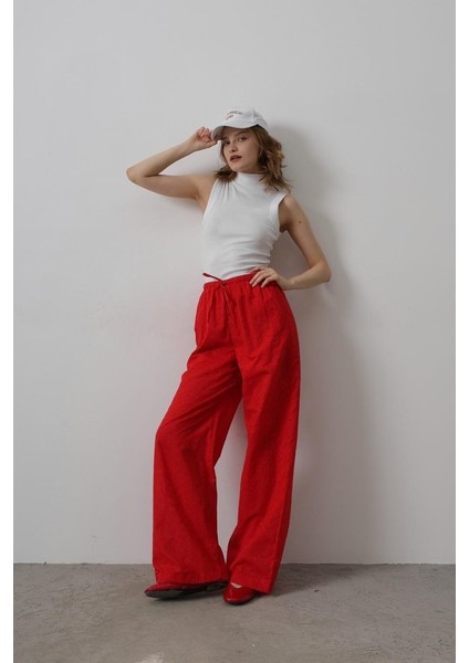 Beli Bağlamalı Brode Pantolon - Kırmızı
