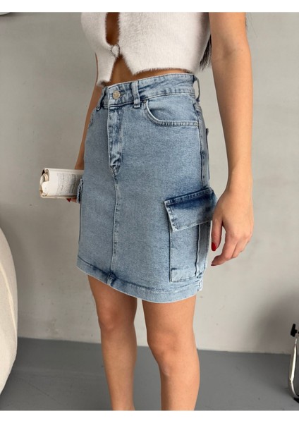 Kadın Kargo Cep Detaylı Yüksek Bel Mini Jean Etek fiyatları