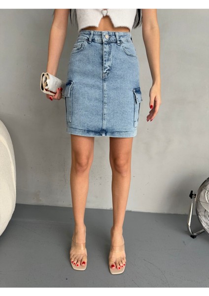 Kadın Kargo Cep Detaylı Yüksek Bel Mini Jean Etek modelleri
