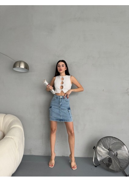 Kadın Kargo Cep Detaylı Yüksek Bel Mini Jean Etek indirimleri