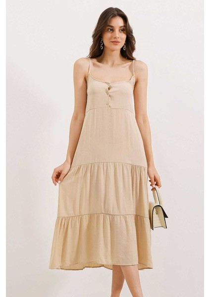 2403 Askılı Midi Elbise - Krem