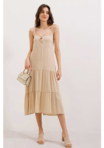 2403 Askılı Midi Elbise - Krem fiyatları