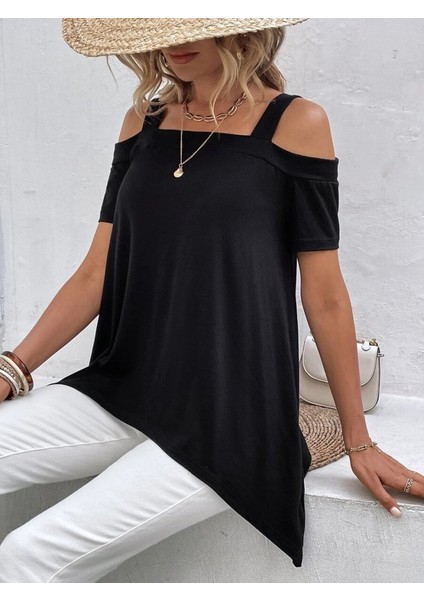 Kadın Kısa Kollu Omuzlardan Açık Askılı Asimetrik Kesim Viskon Bluz fiyatları