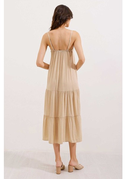 2403 Askılı Midi Elbise - Krem fırsatları