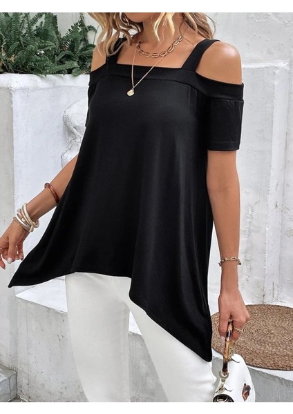 Kadın Kısa Kollu Omuzlardan Açık Askılı Asimetrik Kesim Viskon Bluz indirimleri