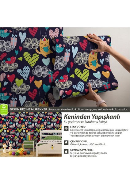Kendinden Yapışkanlı Kediler, Kalpler ve Balonlar Bebek Çocuk Odası Kolay Uygulanan Dıy Duvar Kağıdı