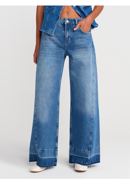 71975 Yanı Parçalı Geniş Denim Pantolon-Mavi fırsatları